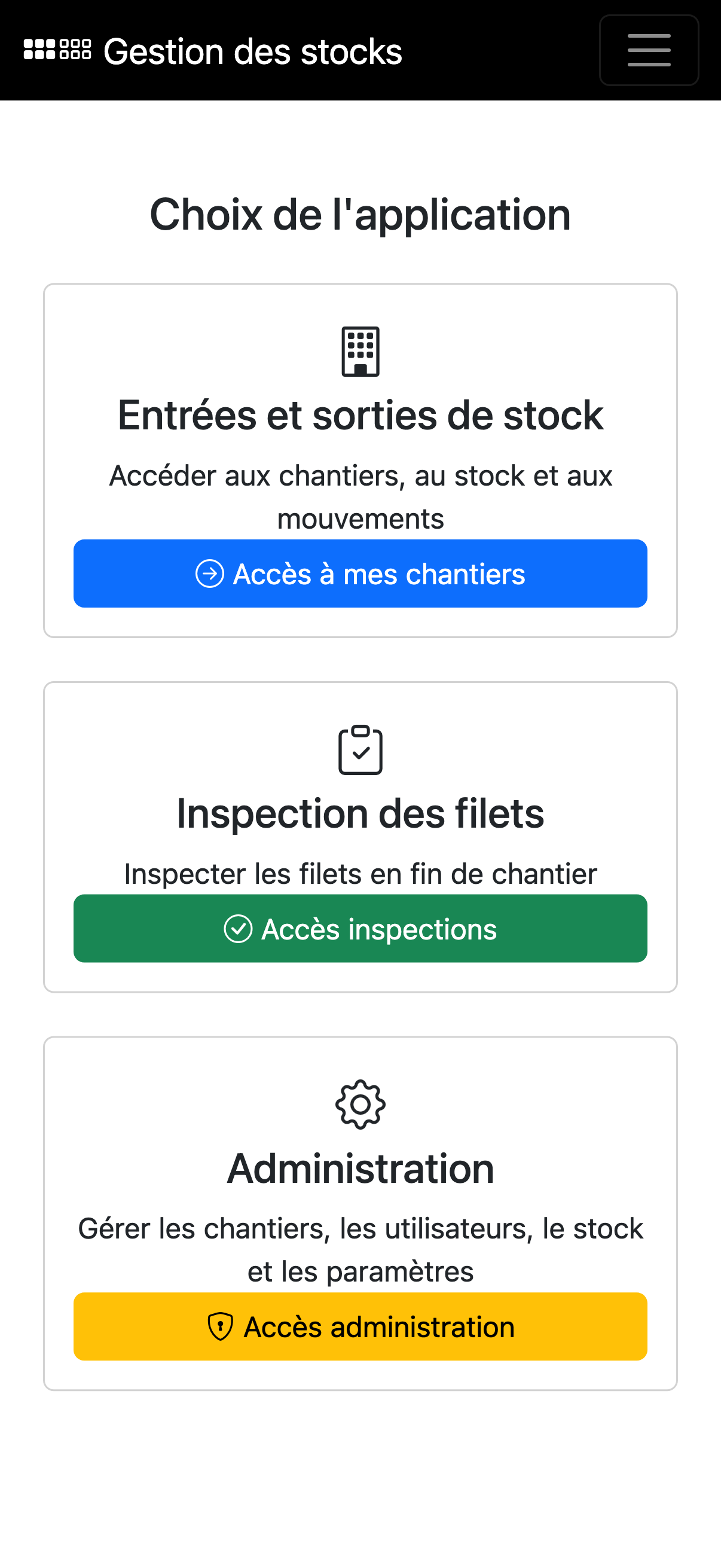 Interface mobile de l'accueil NeoStock